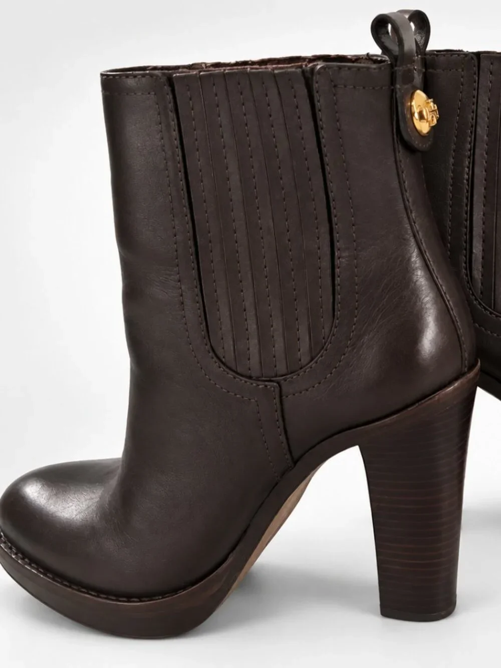 Tory Burch Bristol Brown Leather Ankle Boots Booties Gold Logo Women’s 7M